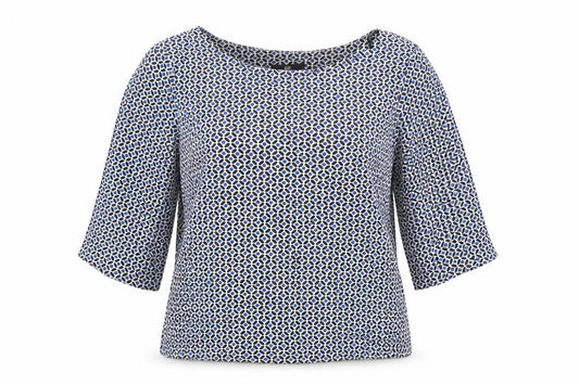 Front view of H&M women’s blue geometric basic blouse, size UK 8