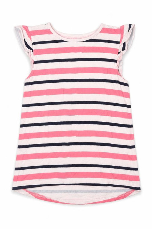 Front view of Nutmeg girls’ pink striped tunic t-shirt, size 10, years