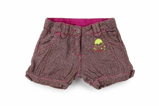 Front view of tuc tuc girls’ purple cut-off shorts, size 2, years