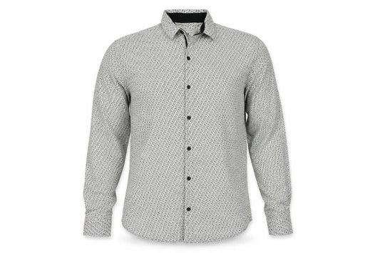 Front view of CHARCOAL men’s ivory animal print button-up, size L