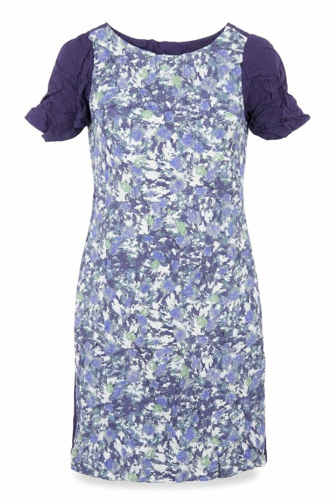 Front view of women’s purple geometric sheath, size UK 8