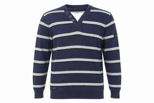 Front view of Dissident men’s blue striped jumper, size L