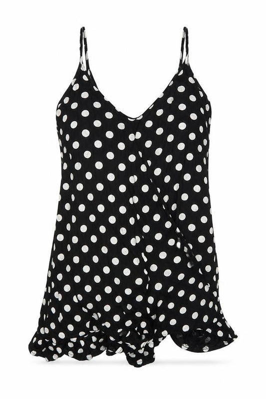 Front view of PRETTYLITTLETHING women’s black polka dot basic tank, size UK 8