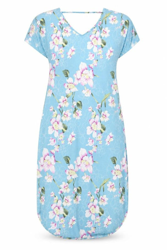 Front view of kidsform women’s blue floral a-line, size L