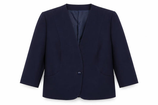 Front view of Preworn women’s blue jacket, size UK 34