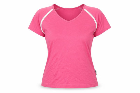 Front view of gym issue women’s pink basic t-shirt, size UK 12