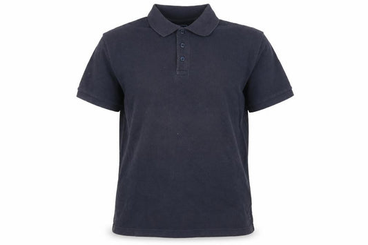 Front view of Easy men’s blue polo, size M