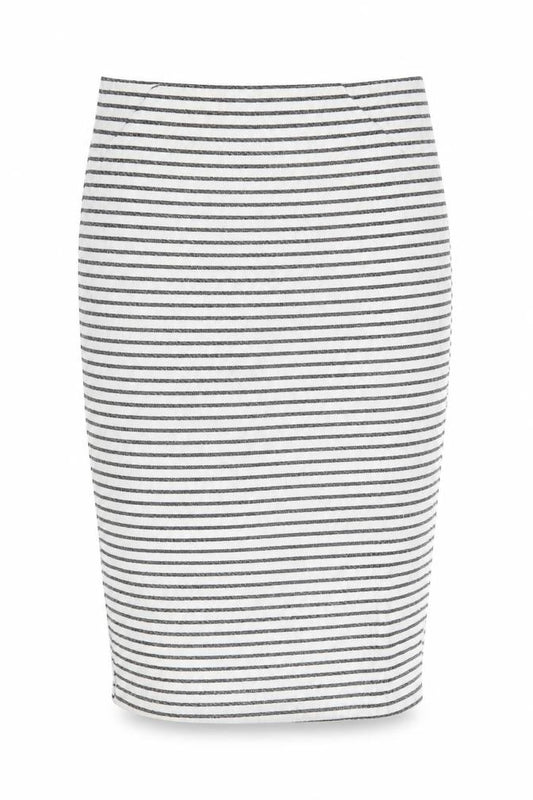 Front view of Dorothy Perkins women’s white striped a-line skirt, size UK 8