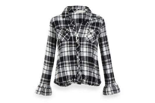 Front view of H&M women’s black check basic button-up, size S, - 9-10 years
