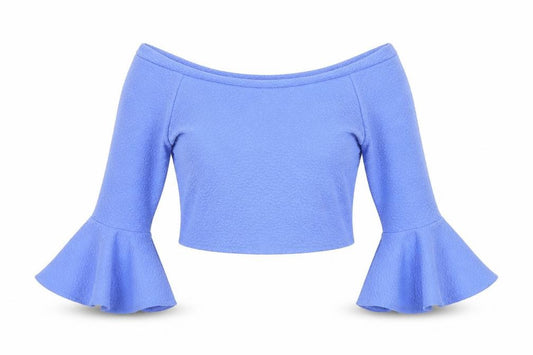 Front view of Kiah women’s blue cropped t-shirt, size UK 12