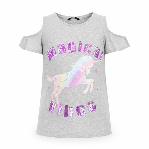 George Girls Grey   Basic T-Shirt Size 13-14 Years  - Unicorn cut out shoulders