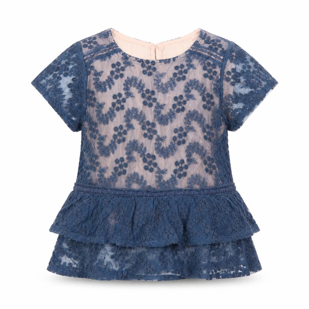 Front view of Next girls’ blue floral basic blouse, size 7, years - embroidered floral layer