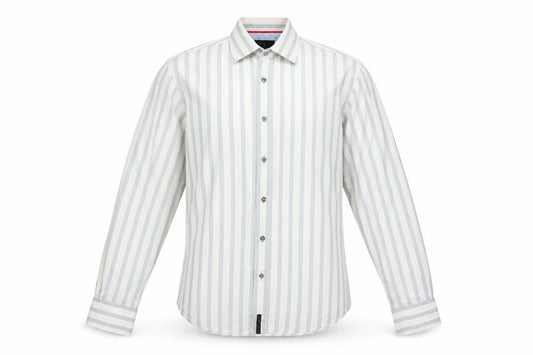 Front view of Jeff & Co men’s green striped button-up, size M