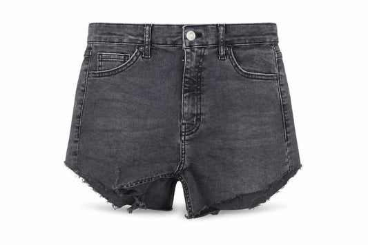 Front view of Topshop women’s grey denim hot pants shorts, size UK 30, in - distressed