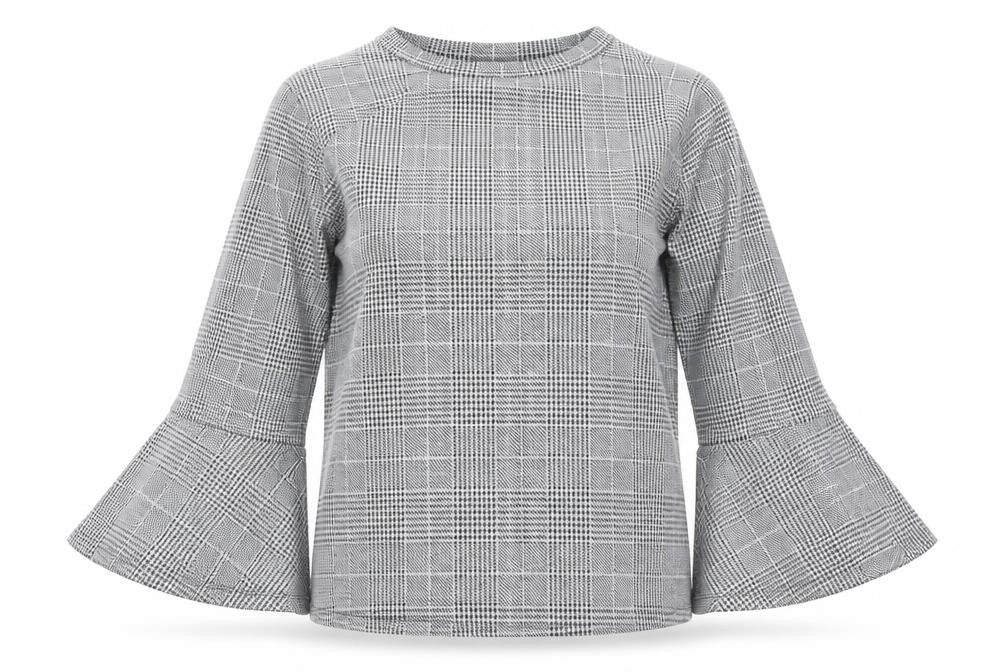 Front view of H&M women’s grey check jersey pullover sweatshirt, size M