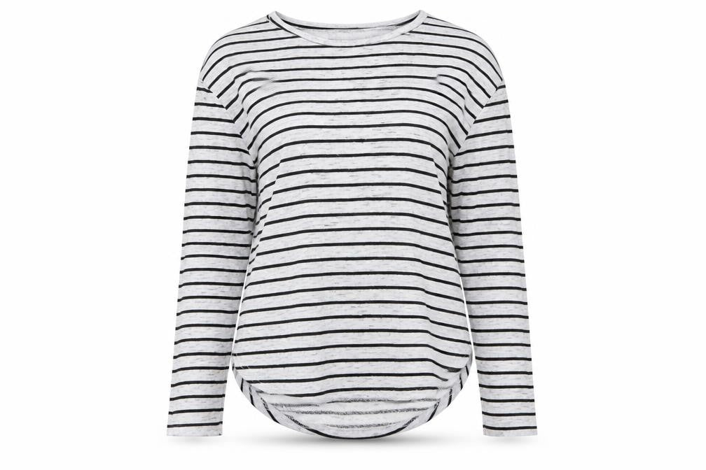 Front view of Atmosphere women’s grey striped jersey jumper, size UK 8