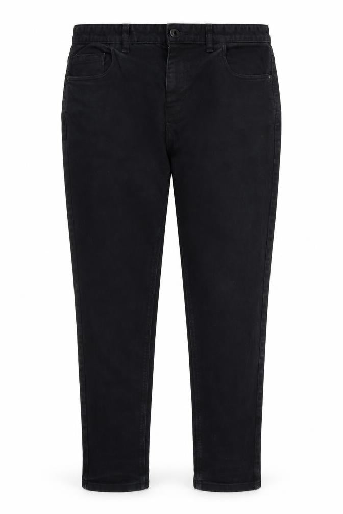 Front view of Next women’s black denim tapered jeans, size UK 34, 31-inch leg