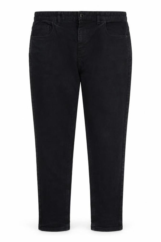 Front view of Next women’s black denim tapered jeans, size UK 34, 31-inch leg