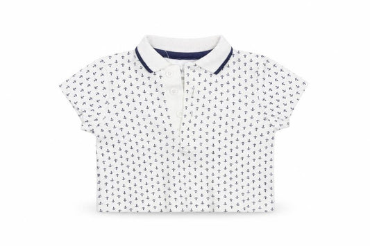 Front view of Little Me boys’ white basic t-shirt, size 6-9, months - anchor