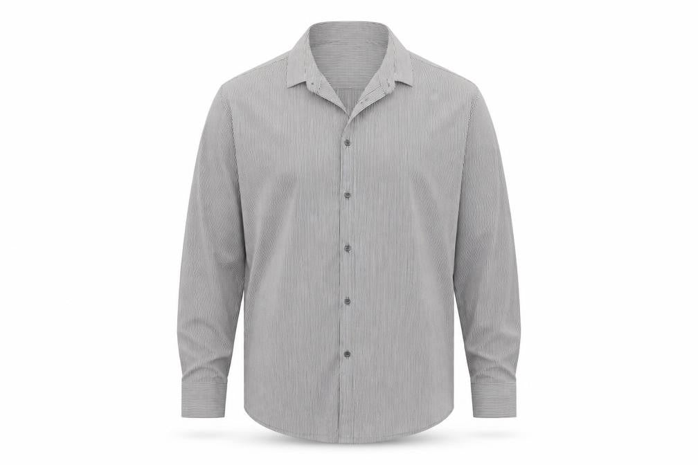 Front view of Next men’s grey striped button-up, size 16, - tailored fit