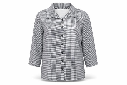 Front view of H&M women’s grey check basic button-up, size XL