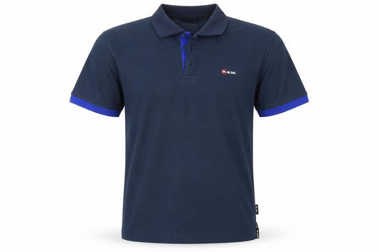 Front view of RAM men’s blue polo, size M