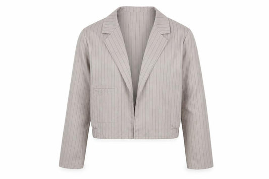 Front view of Boohoo women’s beige striped jacket, size UK 8
