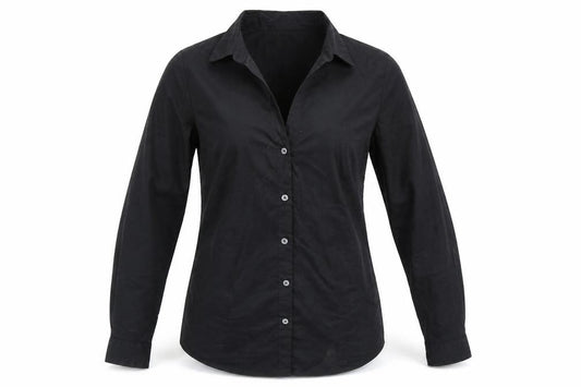 Front view of H&M women’s black basic button-up, size UK 32