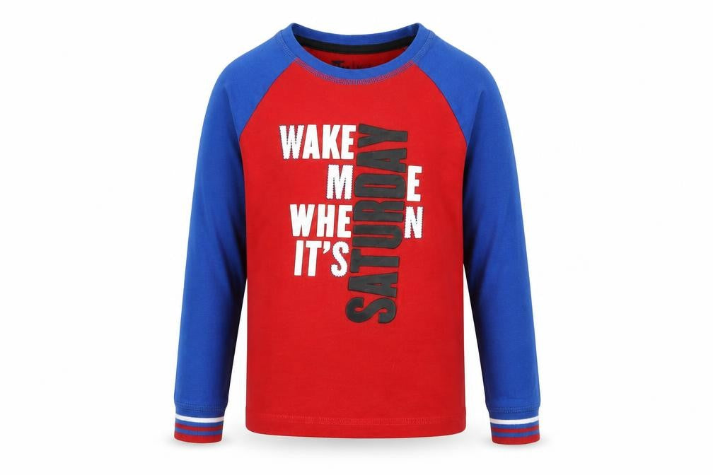 TU Boys Red Colourblock Jersey  Pyjama Top Size 6-7 Years  - Wake me Slogan