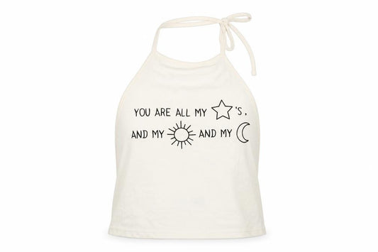 Front view of Boohoo women’s beige cropped blouse, size UK 10, - you are all my stars, and my sun and my moon