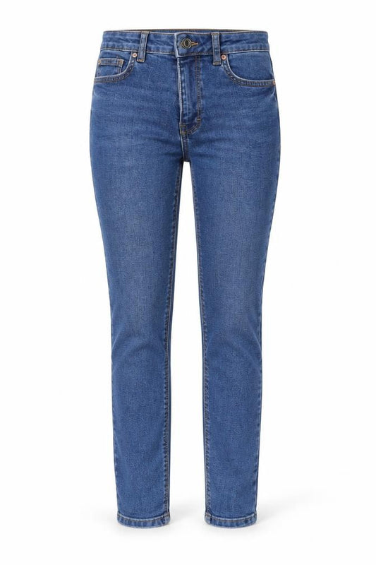 Front view of DenimCo women’s blue straight jeans, size UK 8, 28-inch leg
