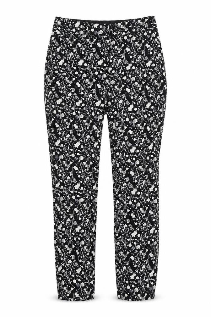 Front view of Primark women’s black floral trousers, size UK 8, 25-inch leg