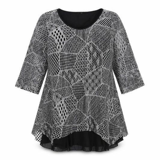 Front view of women’s black fit & flare, size UK 14, - layered with silver/grey