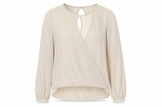 Front view of Topshop women’s beige wrap blouse, size UK 8