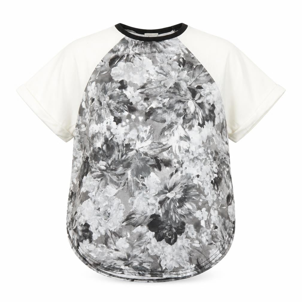 Front view of River Island women’s grey floral basic blouse, size UK 10, - open sides