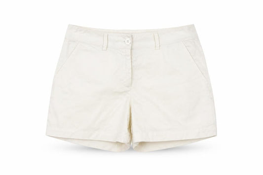 Front view of United Colors of Benetton women’s white hot pants shorts, size UK 32, in
