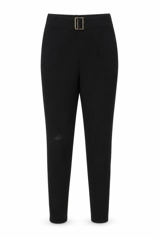 Front view of PRETTYLITTLETHING women’s black carrot trousers, size UK 8, 30-inch leg