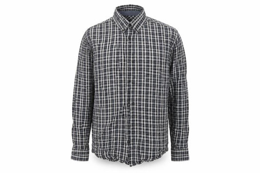 Front view of Easy men’s black check button-up, size L