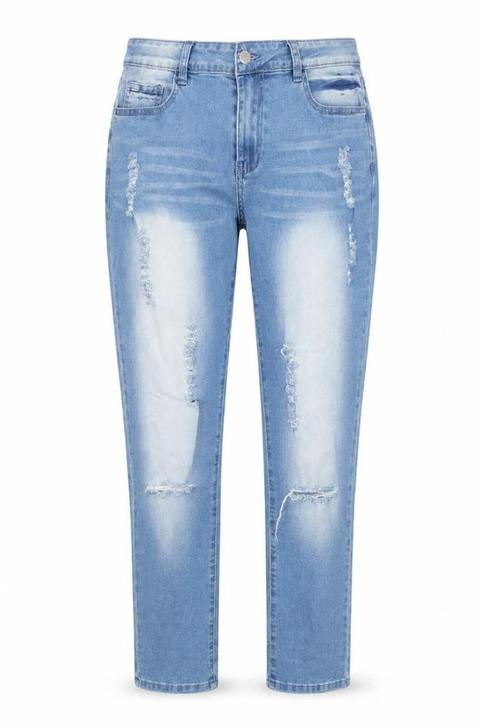 Front view of Tendency women’s blue denim mom jeans, size L, 31-inch leg