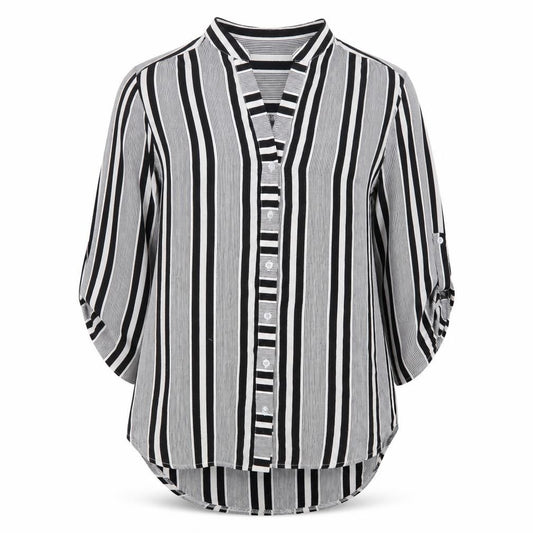 Front view of Cameo Rose women’s grey striped basic button-up, size UK 10