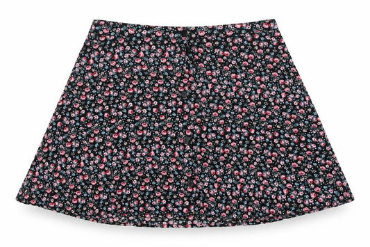 Front view of Divided women’s black floral flare skirt, size UK 10