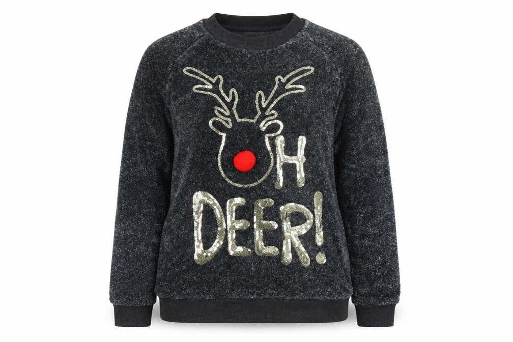 Front view of Primark women’s grey pullover sweatshirt, size UK 6, - christmas reindeer