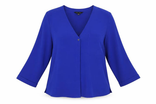 Front view of New Look women’s blue basic button-up, size UK 14