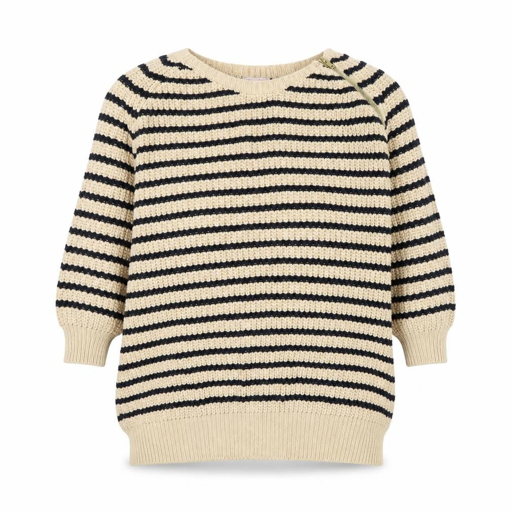 Front view of River Island women’s beige striped knit jumper, size UK 6