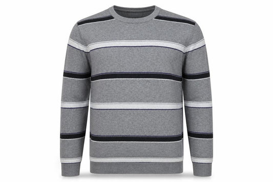 Front view of Atlantic Bay men’s grey striped knit jumper, size XL