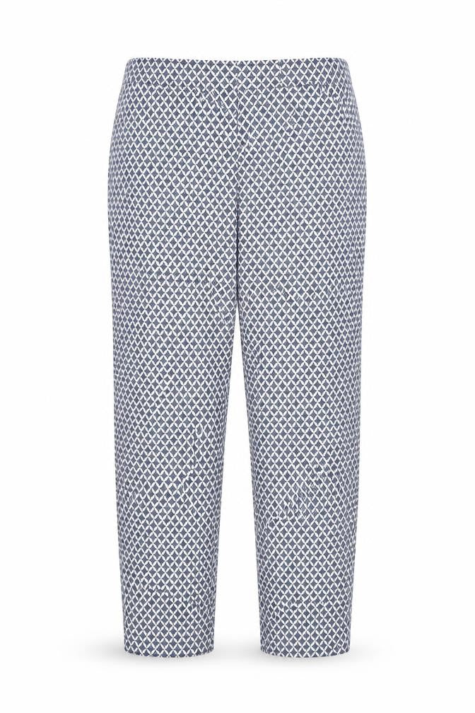 Front view of H&M women’s blue argyle/diamond trousers, size UK 12, 27-inch leg