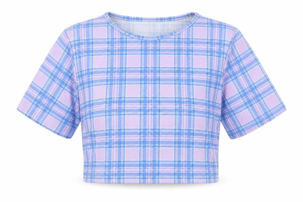Boohoo Womens Purple Check  Cropped T-Shirt Size 14