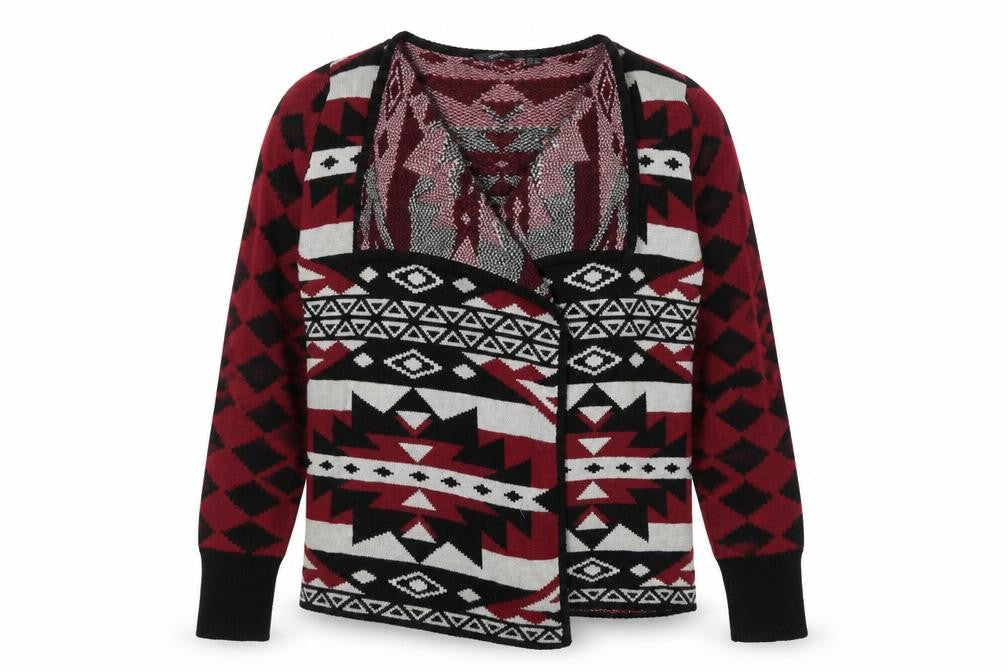Front view of ESMARA women’s red geometric knit cardigan jumper, size M