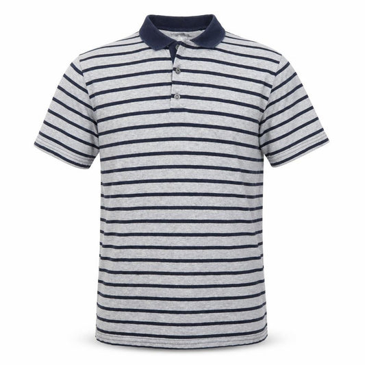 Front view of Cedarwood State men’s grey striped polo, size M
