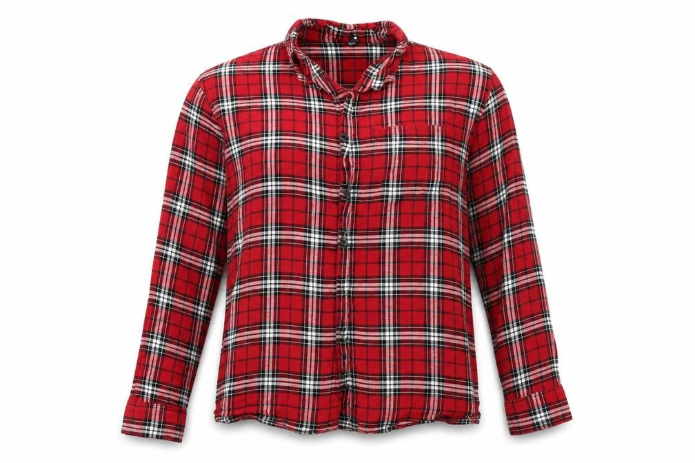 Front view of Divided by H&M women’s red check kimono button-up, size UK 14